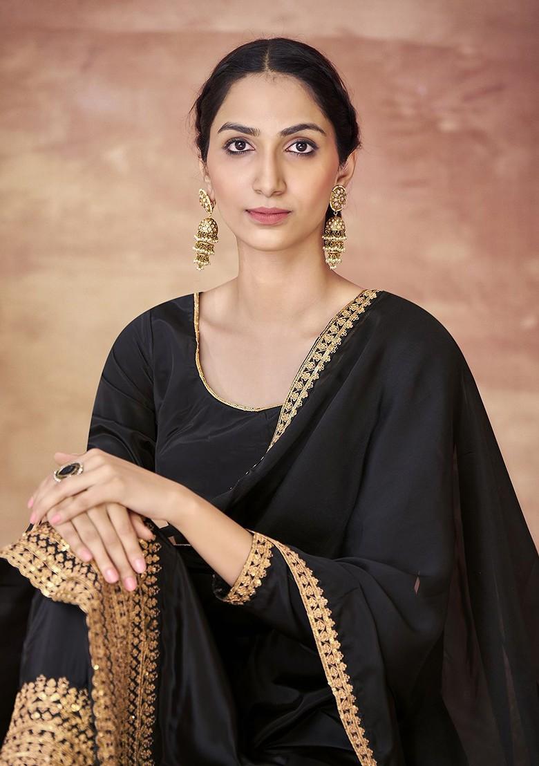 Black Embroidered Poly Blend Salwar Kameez With Dupatta