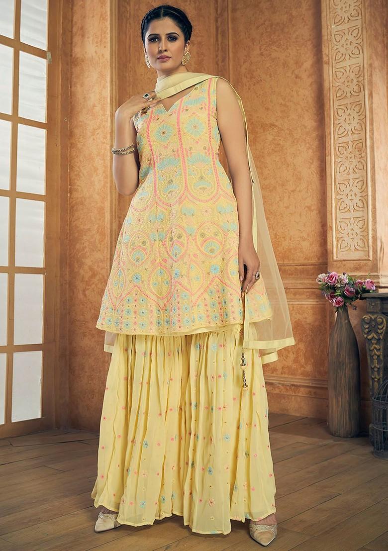 Yellow Embroidered Poly Blend Sharara Set With Dupatta