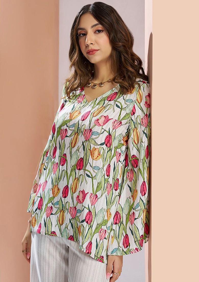 White Printed Poly Blend Co Ord Set