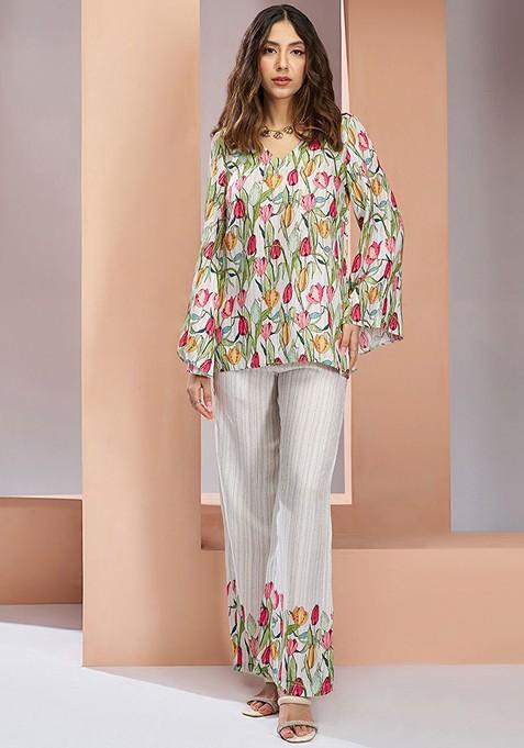 White Printed Poly Blend Co Ord Set