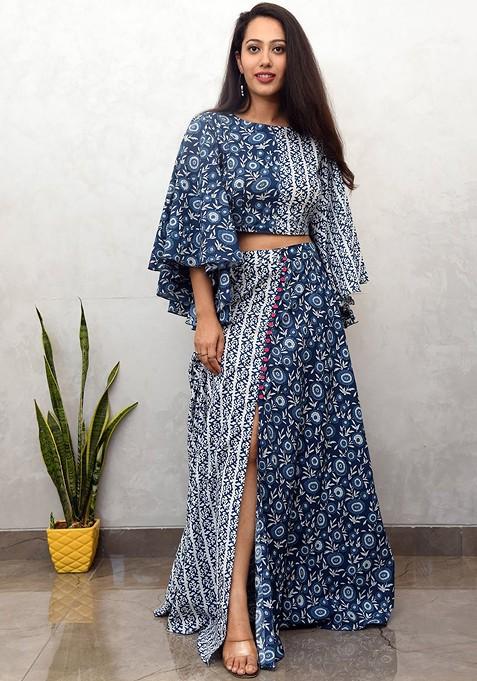 Blue Printed Poly Blend Co Ord Set