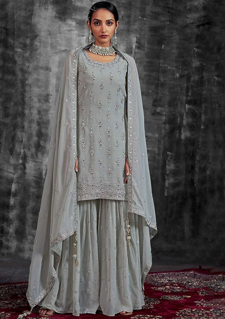 Grey Embroidered Poly Blend Sharara Set With Dupatta - Indya