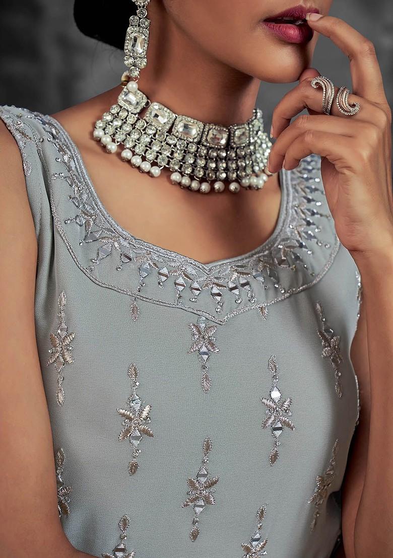 Grey Embroidered Poly Blend Sharara Set With Dupatta