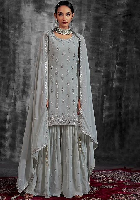 Grey Embroidered Poly Blend Sharara Set With Dupatta
