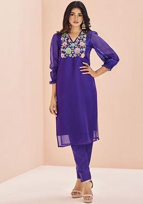 Purple Embroidered Poly Blend Salwar Kameez