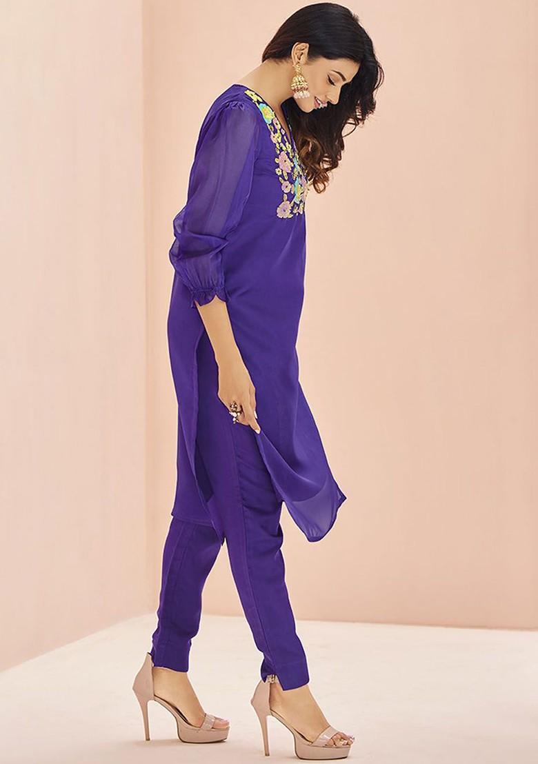 Purple Embroidered Poly Blend Salwar Kameez
