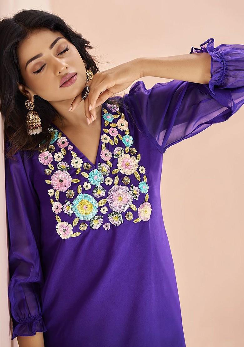 Purple Embroidered Poly Blend Salwar Kameez