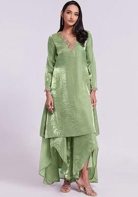 Green Embroidered Poly Blend Salwar Kameez