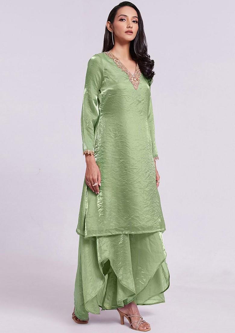 Green Embroidered Poly Blend Salwar Kameez