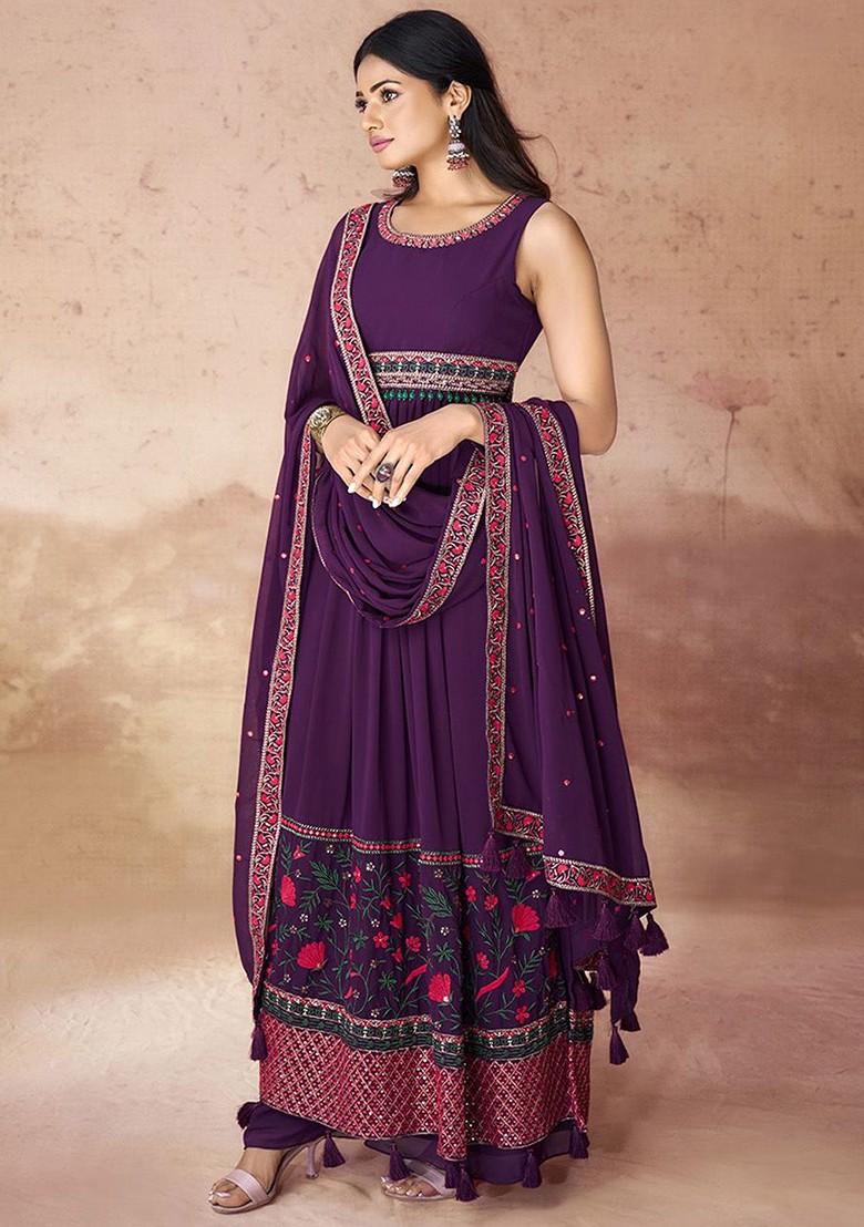 Purple Embroidered Poly Blend Salwar Kameez With Dupatta