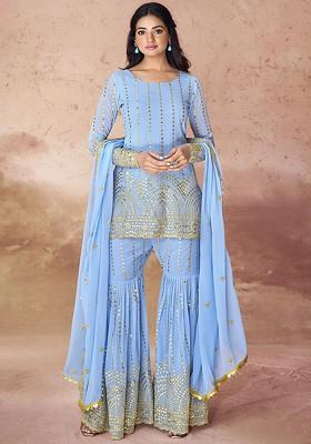 Blue Embroidered Poly Blend Sharara Set With Dupatta