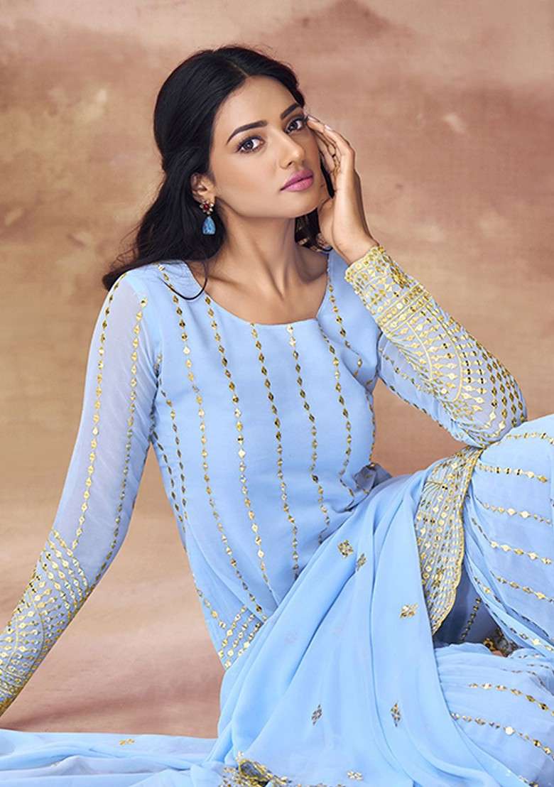 Blue Embroidered Poly Blend Sharara Set With Dupatta - Indya