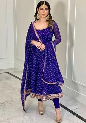 Blue Printed Poly Blend Salwar Kameez With Dupatta