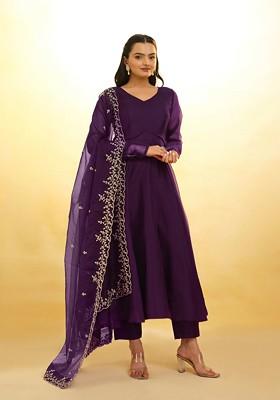 Purple Embroidered Poly Blend Salwar Kameez With Dupatta