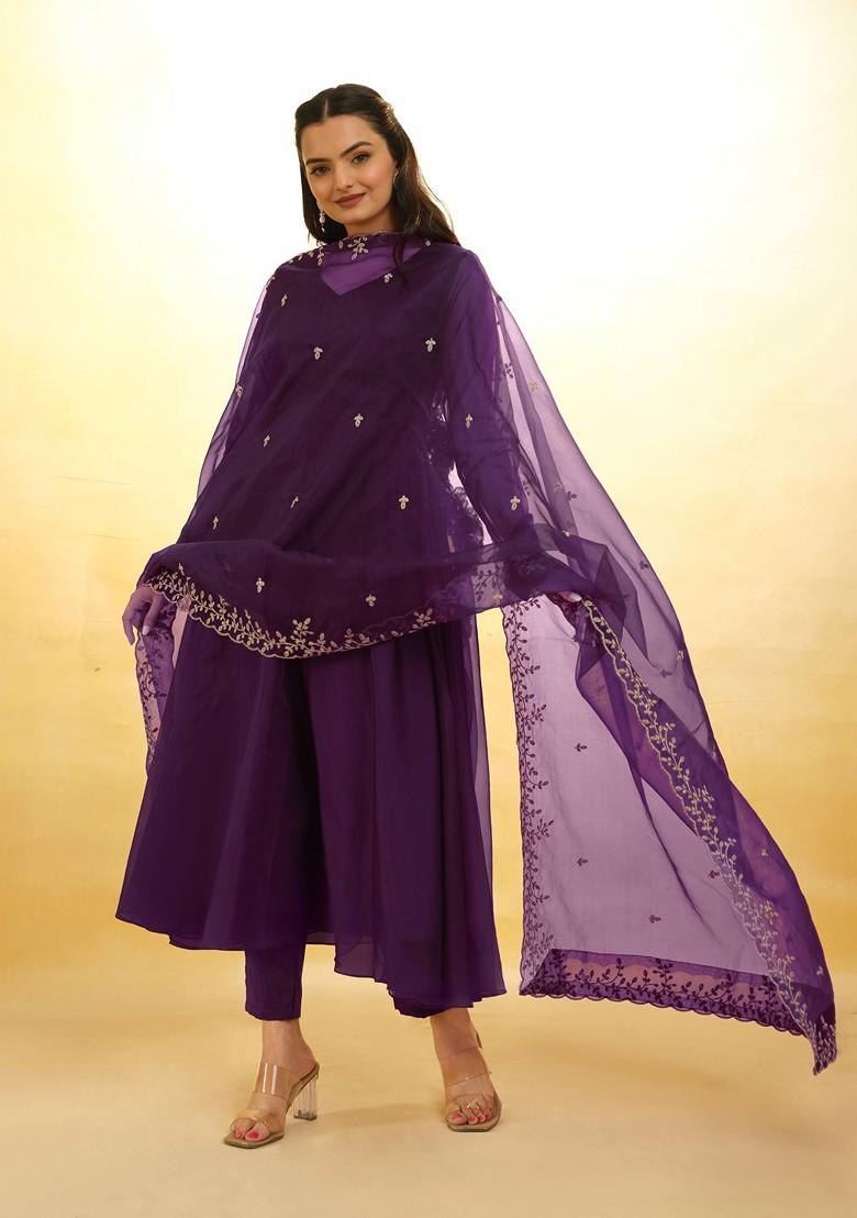 Purple Embroidered Poly Blend Salwar Kameez With Dupatta