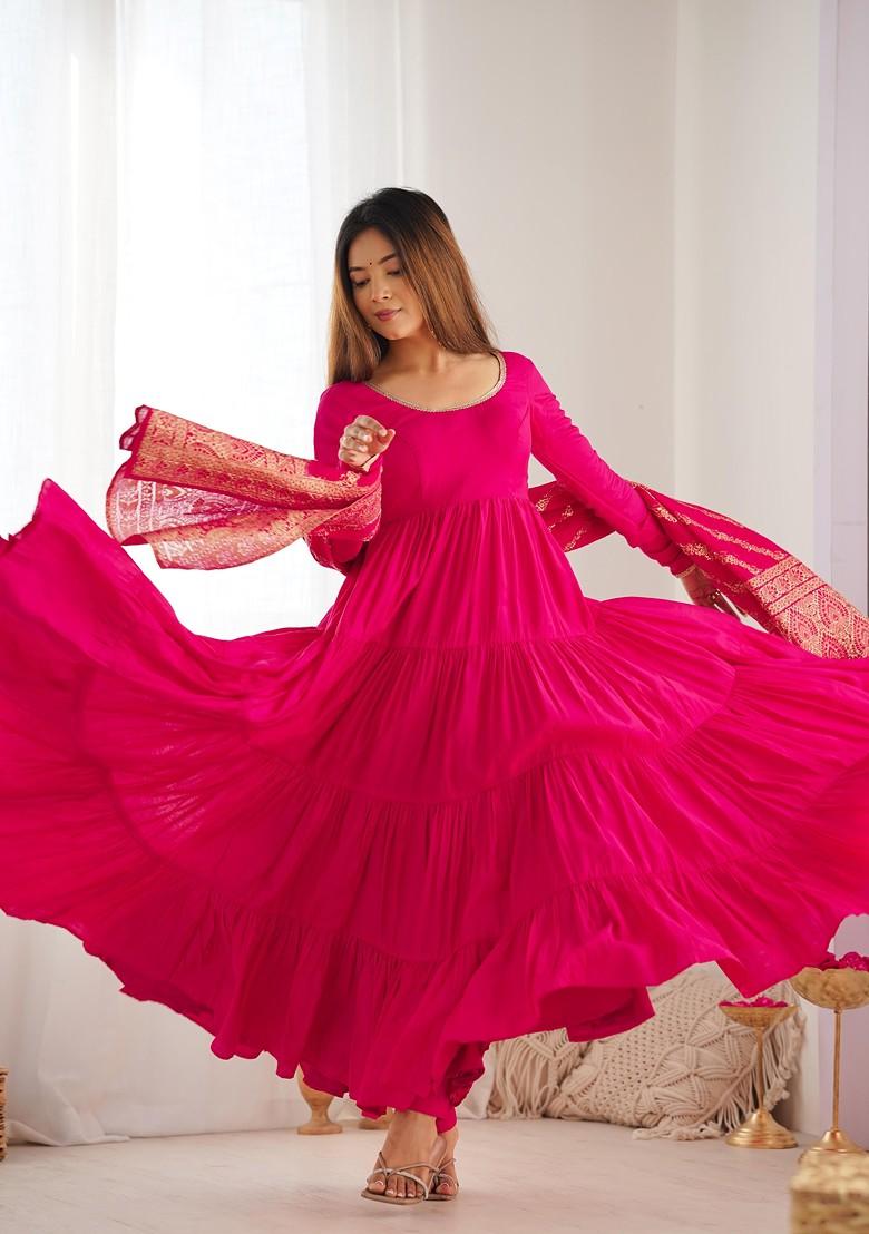 Pink Printed Poly Blend Anarkali Set With Dupatta