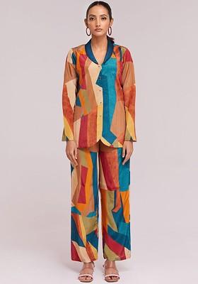 Rust Brown Printed Poly Blend Co Ord Set