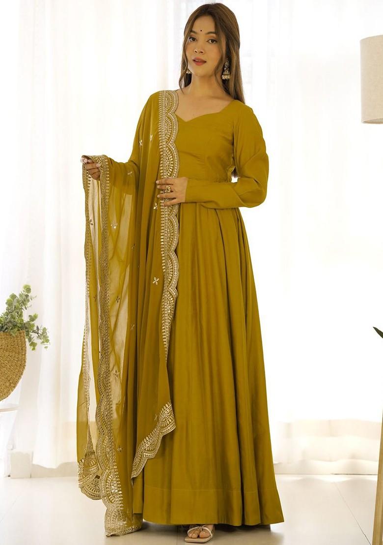 Mustard Yellow Embroidered Poly Blend Anarkali Set With Dupatta