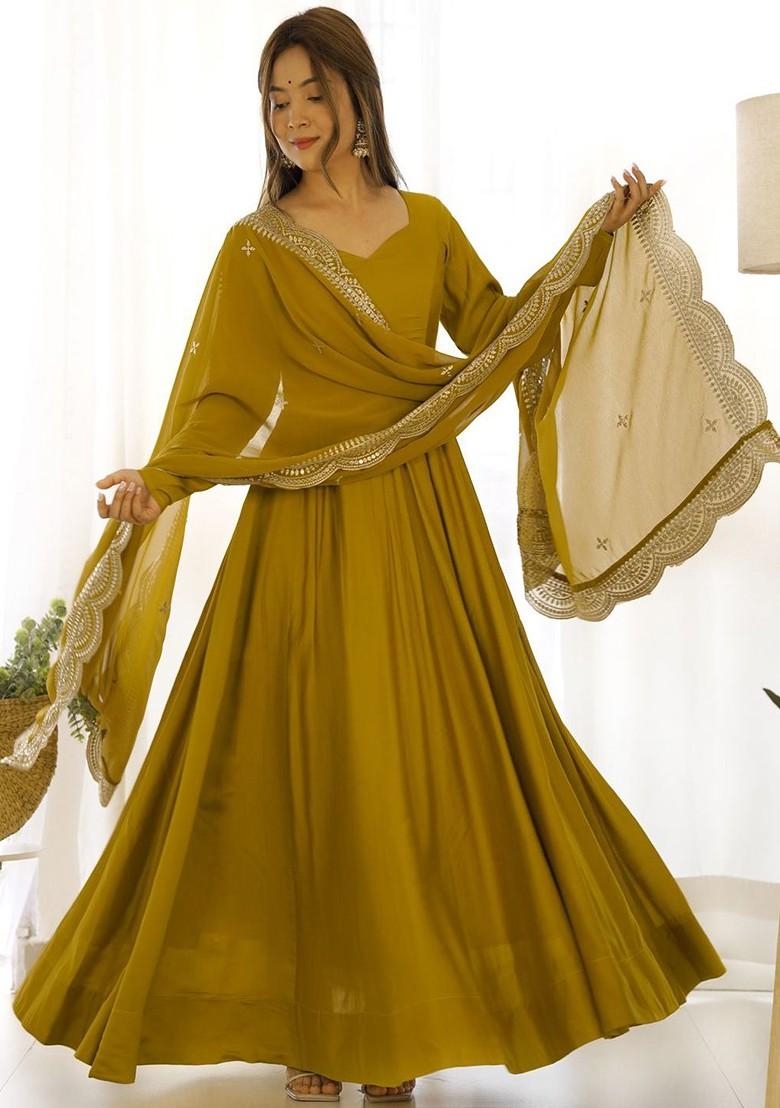 Mustard Yellow Embroidered Poly Blend Anarkali Set With Dupatta