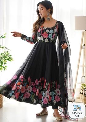 Black Printed Poly Blend Anarkali Set With Dupatta