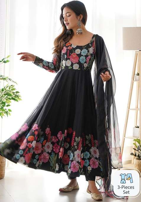 Black Printed Poly Blend Anarkali With Dupatta With Dupatta