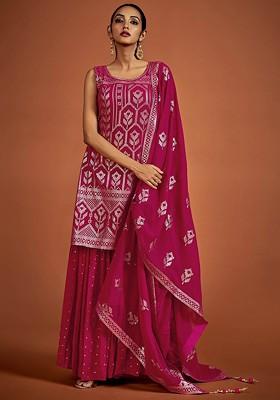 Magenta Embroidered Poly Blend Sharara Set With Dupatta