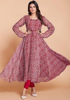 Maroon Printed Poly Blend Anarkali Set With Dupatta
