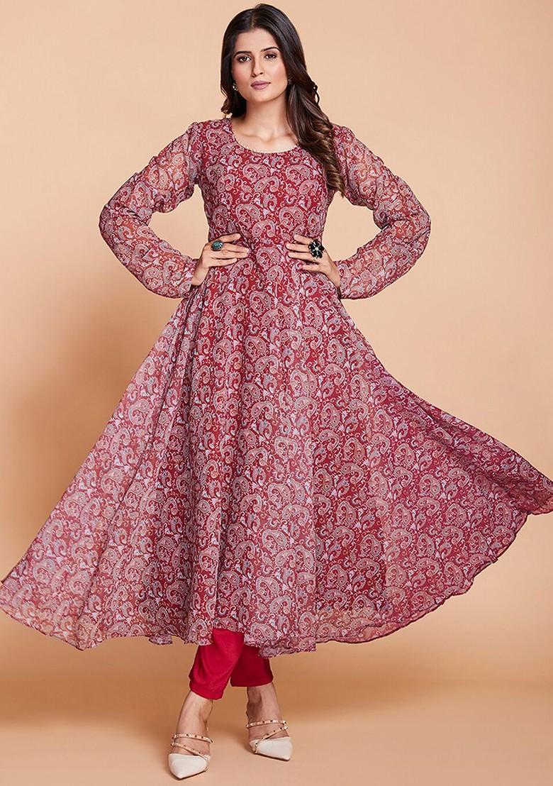 Maroon Printed Poly Blend Anarkali Set With Dupatta