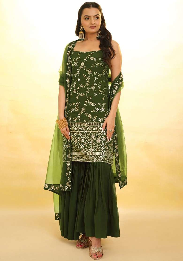 Olive Green Embroidered Poly Blend Sharara Set With Dupatta - Indya