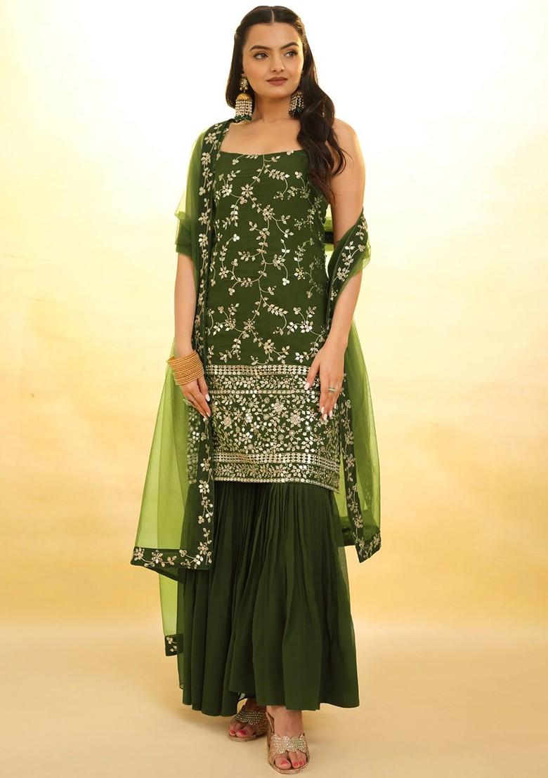 Olive Green Embroidered Poly Blend Sharara Set With Dupatta