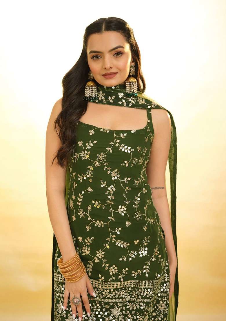 Olive Green Embroidered Poly Blend Sharara Set With Dupatta - Indya