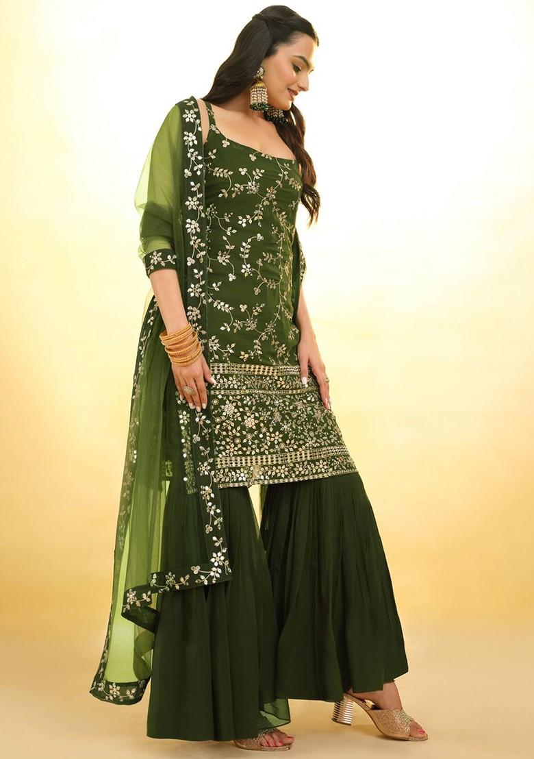 Olive Green Embroidered Poly Blend Sharara Set With Dupatta