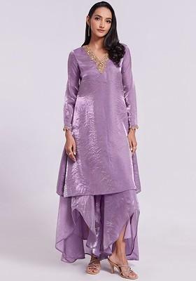 Lavender Embroidered Poly Blend Palazzo Set