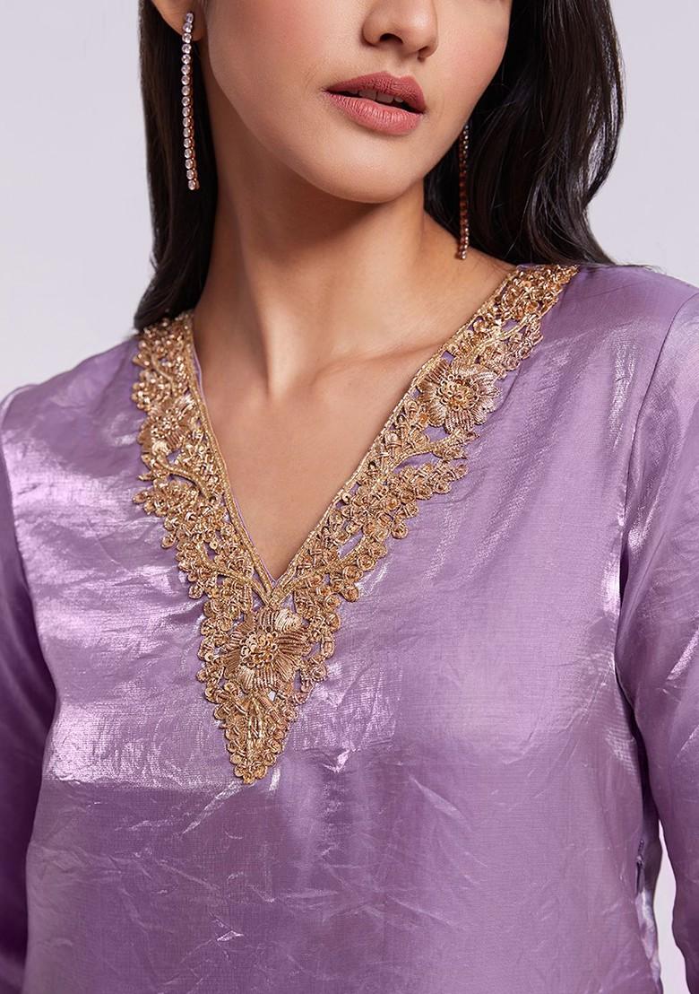 Lavender Embroidered Poly Blend Palazzo Set