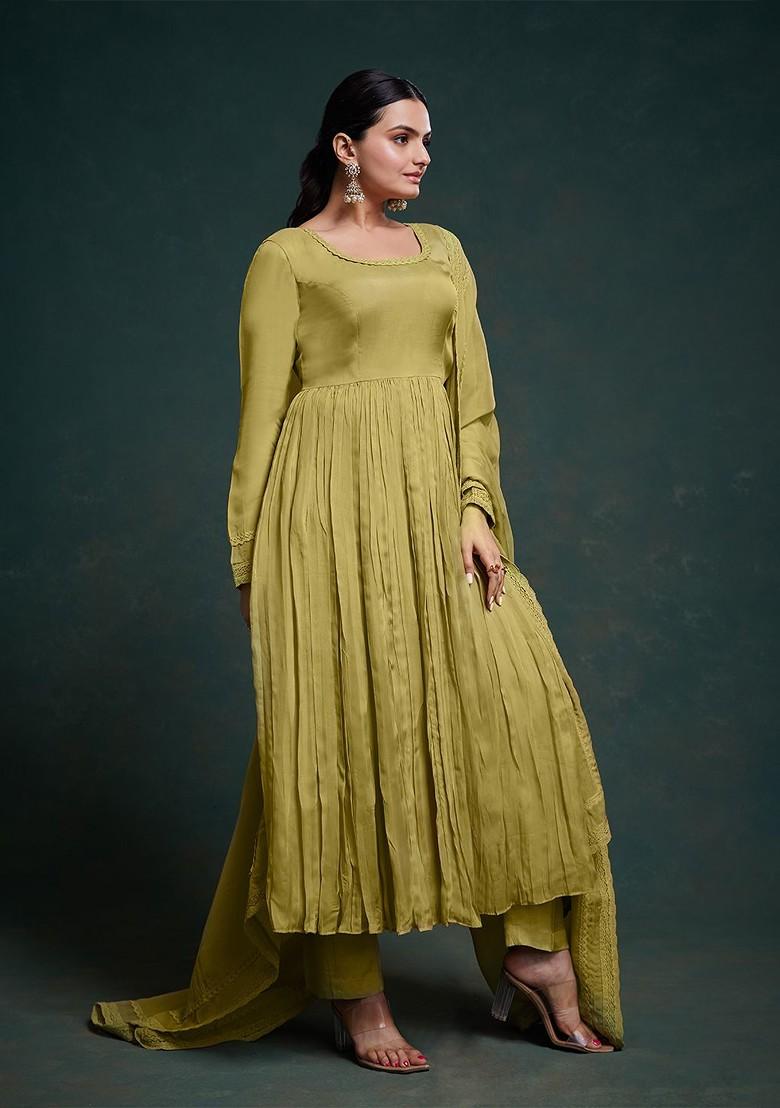 Olive Green Embroidered Poly Blend Salwar Kameez With Dupatta