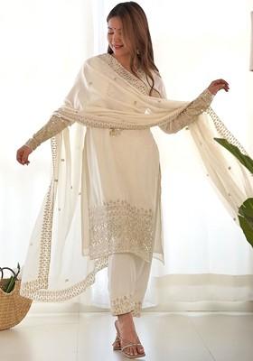 White Embroidered Poly Blend Salwar Kameez With Dupatta