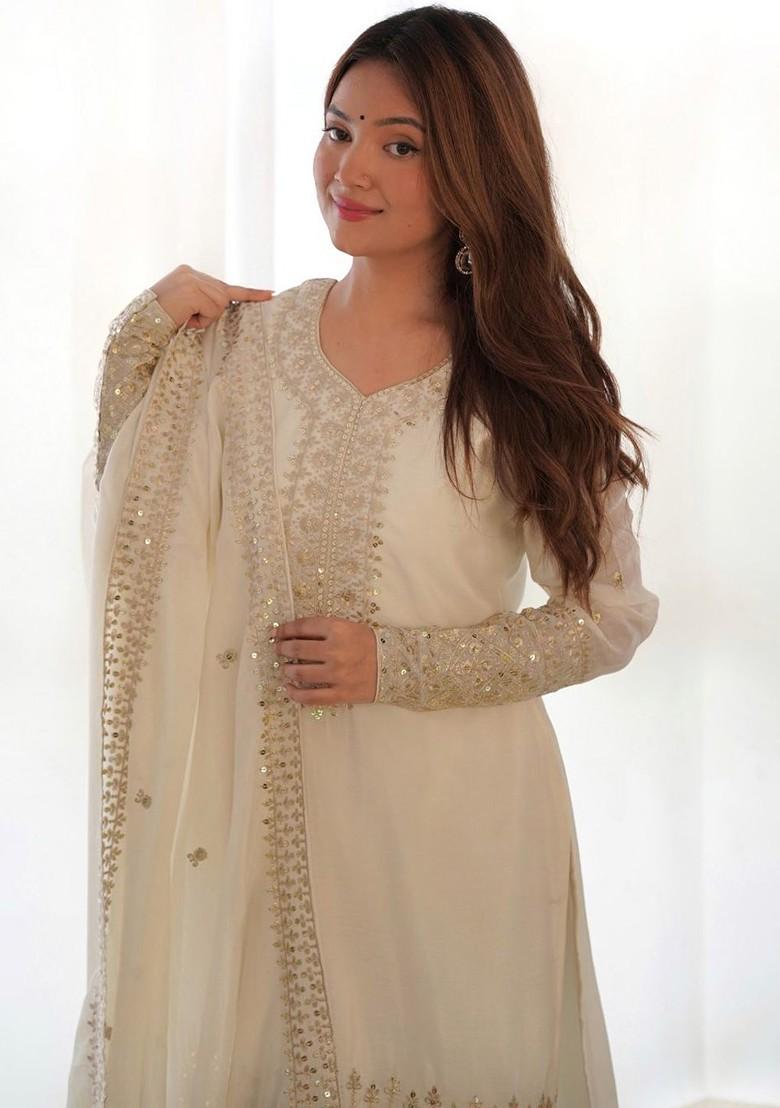 White Embroidered Poly Blend Salwar Kameez With Dupatta