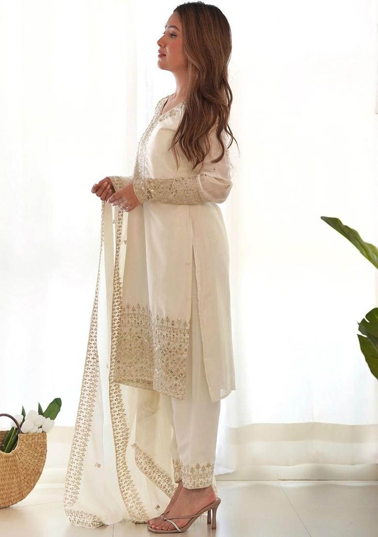 White Embroidered Poly Blend Salwar Kameez With Dupatta