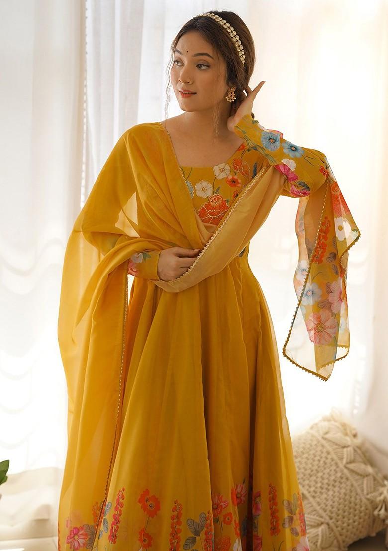 Mustard Yellow Printed Poly Blend Anarkali Set With Dupatta