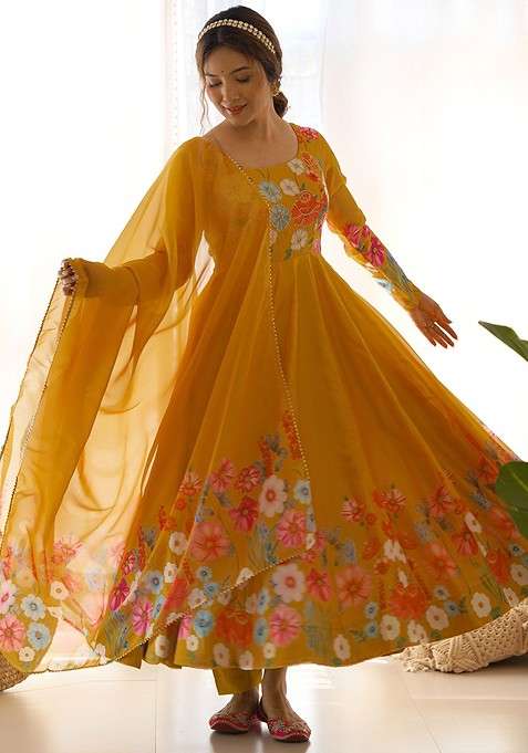 Mustard Yellow Printed Poly Blend Anarkali With Dupatta With Dupatta