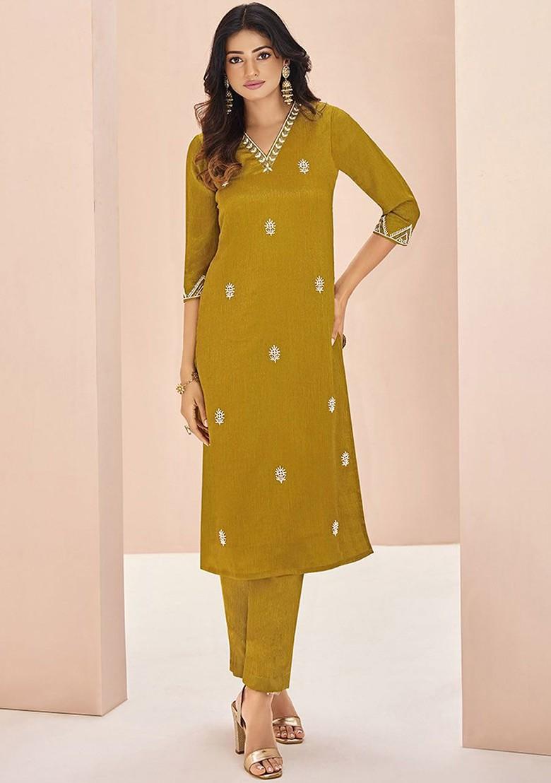 Mustard Yellow Embroidered Poly Blend Salwar Kameez