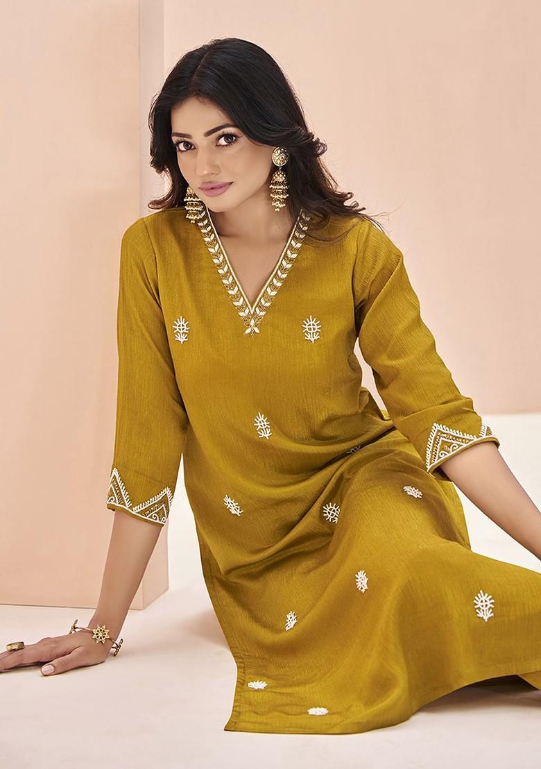 Mustard Yellow Embroidered Poly Blend Salwar Kameez