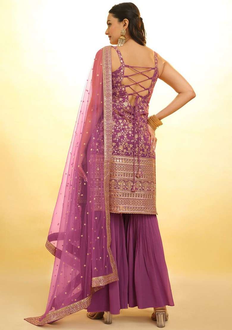 Taupe Purple Embroidered Poly Blend Sharara Set With Dupatta - Indya