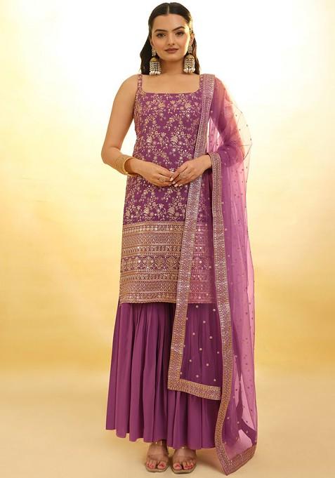 Taupe Purple Embroidered Poly Blend Sharara Set With Dupatta