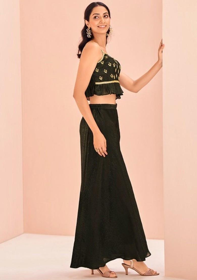 Olive Green Embellished Poly Blend Co Ord Set