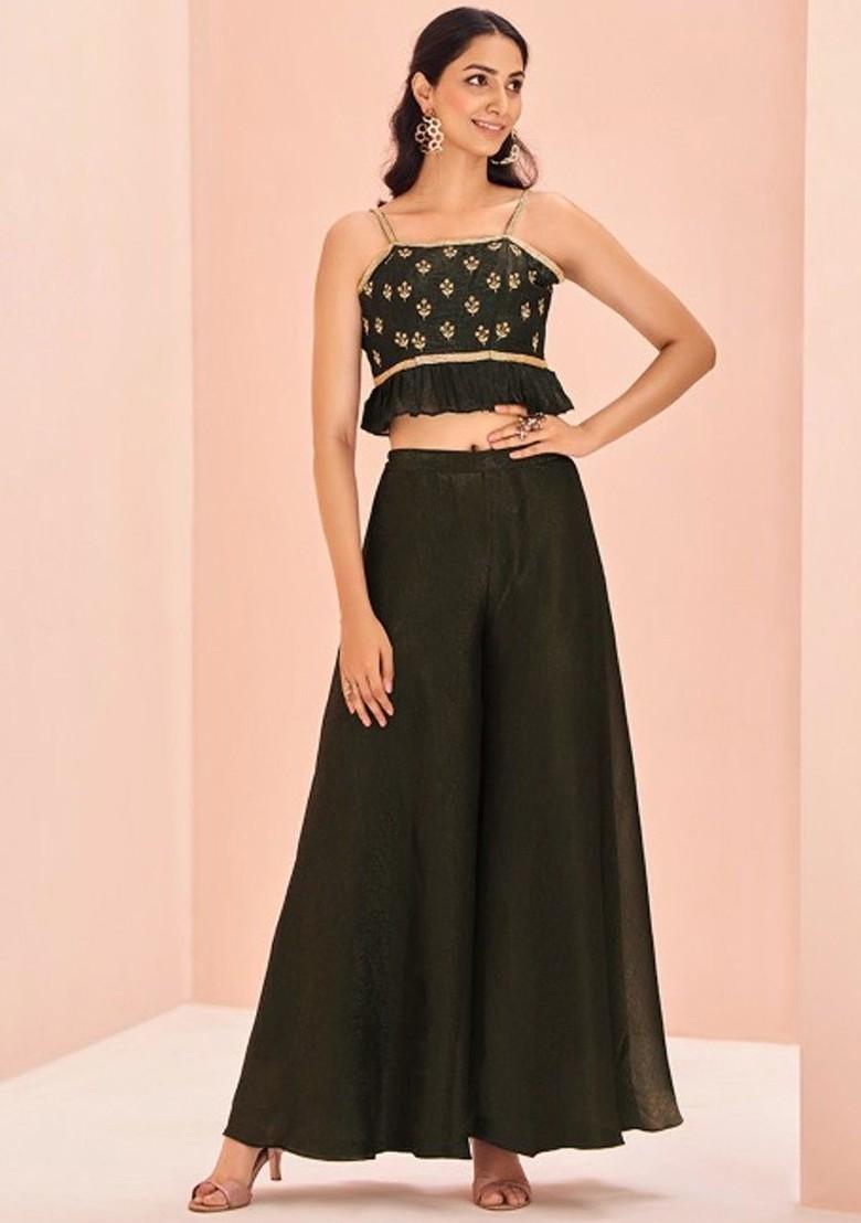Olive Green Embellished Poly Blend Co Ord Set