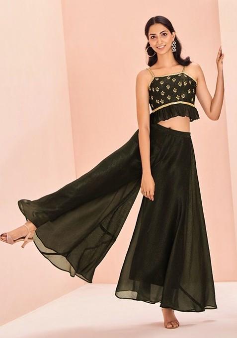Olive Green Embellished Poly Blend Co Ord Set