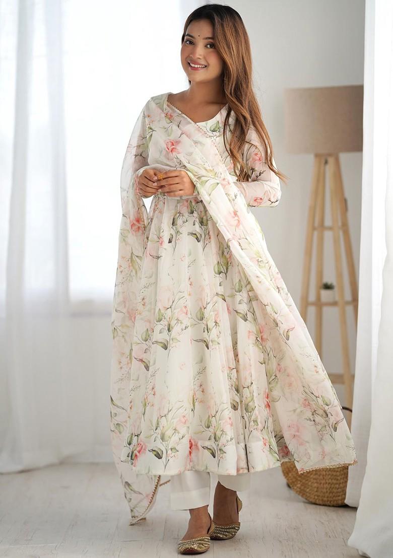 White Printed Poly Blend Anarkali Set With Dupatta