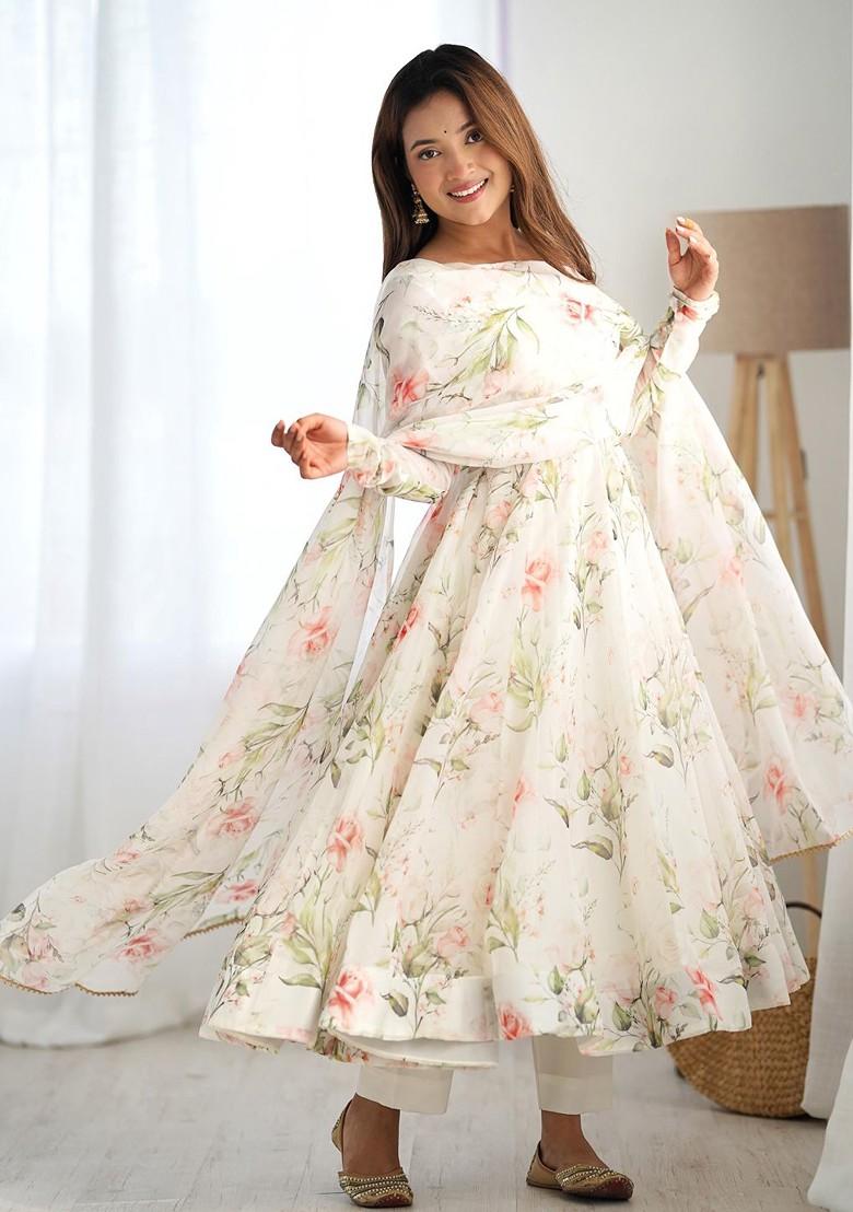 White Printed Poly Blend Anarkali Set With Dupatta