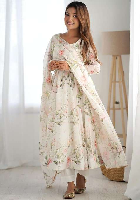 White Printed Poly Blend Anarkali With Dupatta With Dupatta